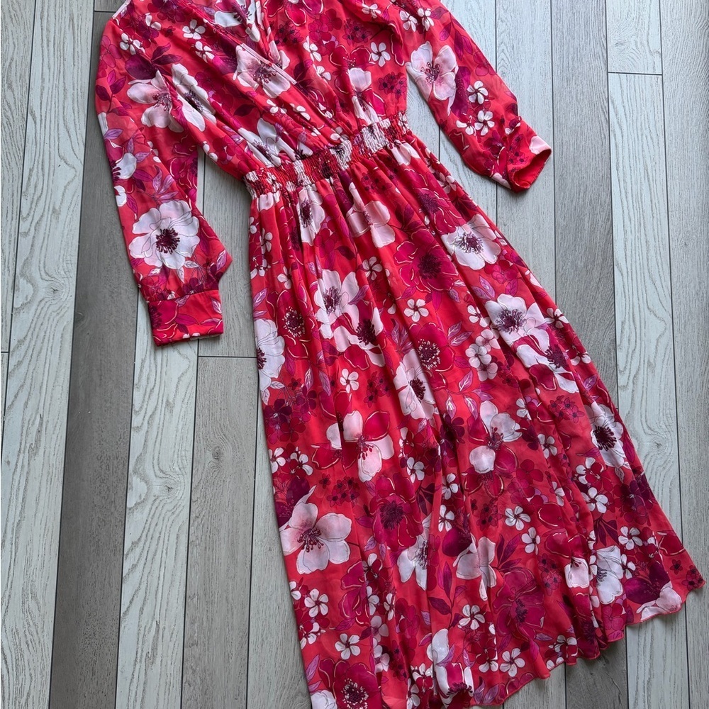 Alexa B. Nites Floral Smocked Waist Faux Wrap Long Sleeve Maxi Dress - Picture 2 of 7